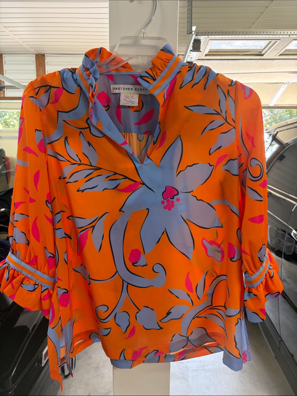 Gretchen Scott Designs Orange Floral V-Neck Ruffle Sleeve Top